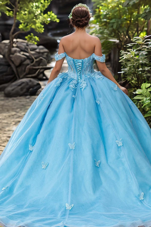 WQ1270 - Elegant & Gorgeous Ball Gown Off Shoulder Sleeveles 3D Butterfly Appliques Tulle Quinceanera Dress Prom Party Dress for Sweet 16