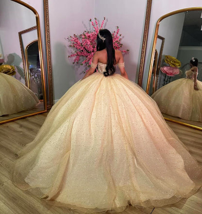 WQ1151 - Gorgeous Ball Gown Off Shoulder Sleeveless Beaded Tulle Quinceanera Dress Princess Evening Party Gown for Sweet 16