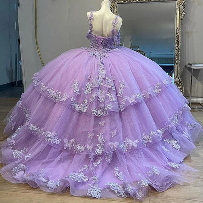 WQ1199 - Chic & Cute Ball Gown Off Shoulder Lace Applique Beaded Tiered Ruffles Lilac Tulle Quinceanera Dress Birthday Party Princess Gown for Sweet 16