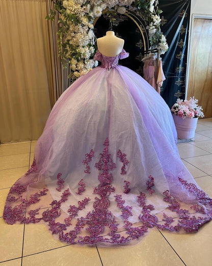 Lilac Quinceanera Dresses Ball Gown Beading Corset Floral Lace Appliques Off The Shoulder Sequined Formal Birthday Party Sweet 16 Dress