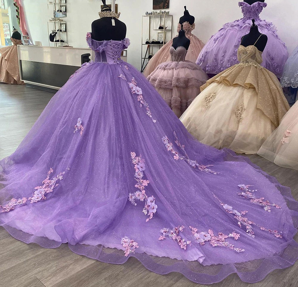 Robes de Quinceanera violettes à paillettes étincelantes, épaules dénudées, décolleté en cœur, perles, fleurs 3D, appliques en dentelle, fête d'anniversaire, laçage dans le dos, corset, robes Sweet 16