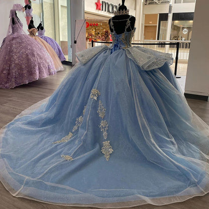 WQ1081 - Elegant Ball Gown Strapless Sleeveless Flower Lace Appliques Beaded Sky Blue Tulle Princess Gown Quinceanera Dress for Sweet 16