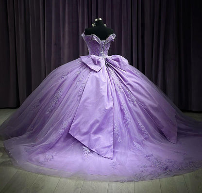 Lavender Sparkly Quinceanera Dress with Big Bow Off the Shoulder Corset Lace Applique Sequins Beads Tulle Sweet 16 Princess Prom Ball Gown