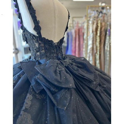 Marineblaue Quinceanera-Kleider mit Applikationen, Spitze, Perlen, herzförmiger Ausschnitt, Korsett, Ballkleid, Glitzer, Tüll, süßes 16. Geburtstagsparty-Kleid für Prinzessinnen