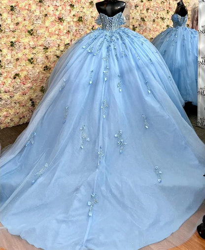 Robe de Quinceanera bleu ciel scintillante à épaules dénudées, robe de bal en cœur, fleurs, appliques, corset perlé, tulle, robe de bal, robe de soirée Sweet 16 pour juniors