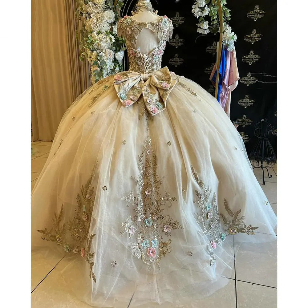 Champagne 3D Flowers Appliques Lace Beading Tassel Quinceanera Dresses Ball Gown Sweetheart Bow Tulle Sweet 16 Birthday Party Gowns