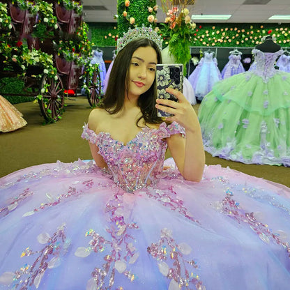 Robe de princesse Quinceanera scintillante à épaules dénudées, robe de bal en corset à décolleté en cœur, avec appliques, en tulle pailleté et perles, robe de soirée pour les 16 ans