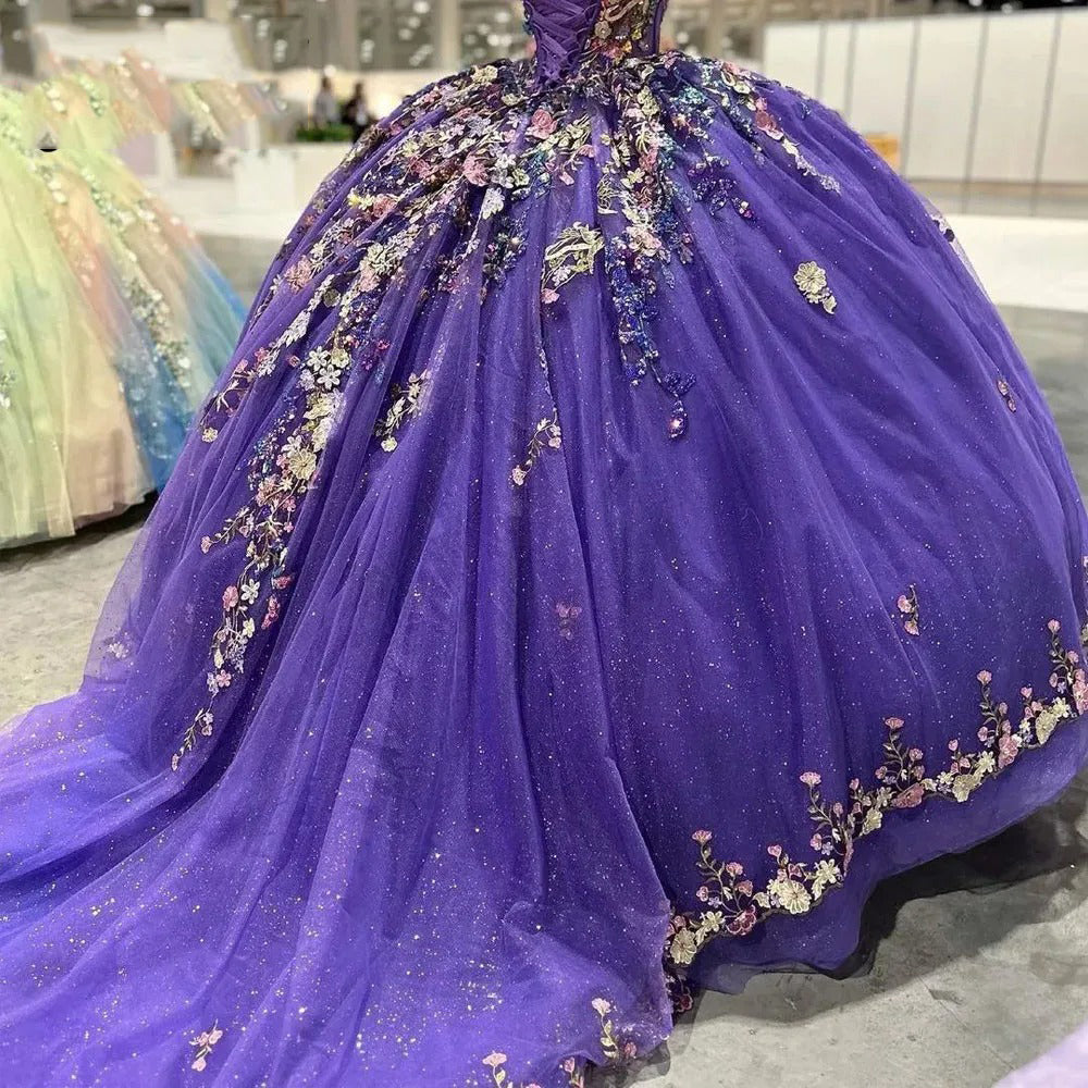 Purple Shiny Quinceanera Dresses 3D Floral Applique Lace Off Shoulder Beaded Birthday Princess Formal Sweet 15 16 Ball Gowns