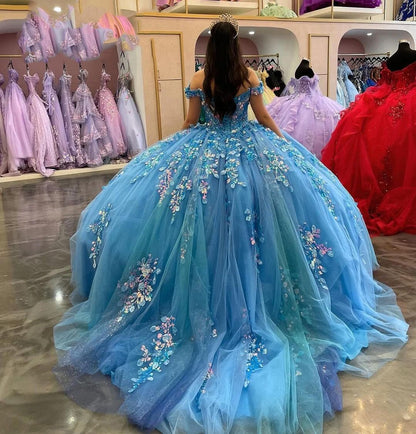 Blaue Quinceanera-Kleider, 3D-Blumenspitze, Applikationen, schulterfrei, Perlenkorsett, funkelnder Tüll, Sweet 16 Princess Birthday Party Prom Ballkleid