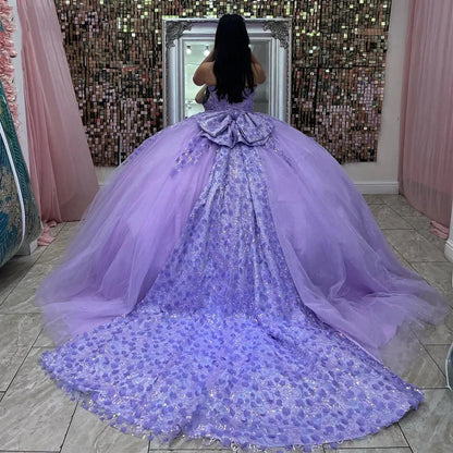 WQ1058 - Ball Gown Strapless Lace Flower Appliques Beaded Bow Knot  Lilac Tulle Quinceanera Dress for Sweet 16