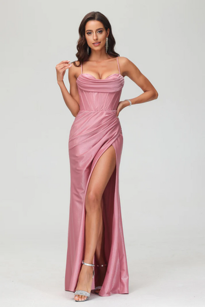 WU1026 - Simple Sheath Strapless Straps Sleeveless Pleated High Side Slit Criss Cross Straps Prom Party Dress Evening Dress Cocktail Gown Wedding Guest Gown