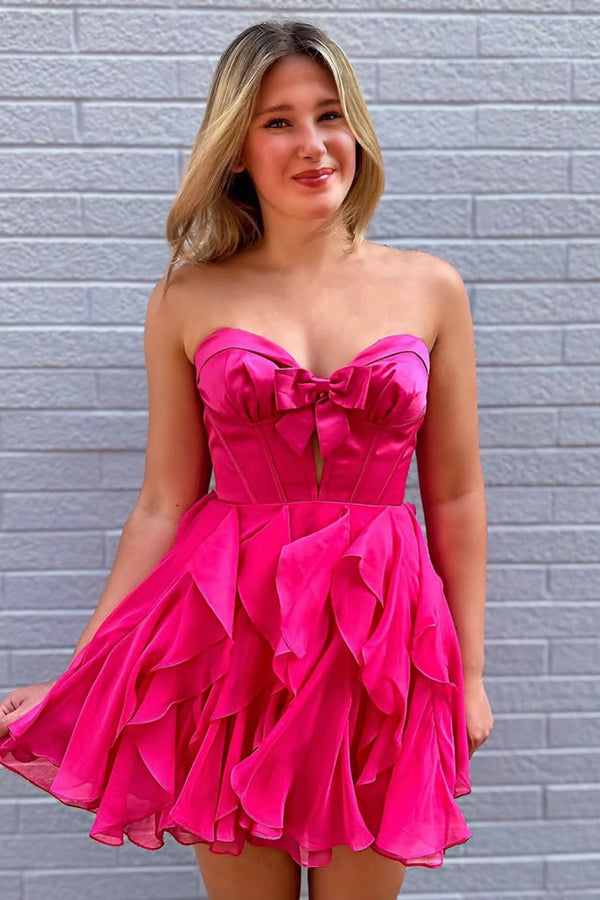 A-Line Strapless Ruffles Tiered Bow Knot Homecoming Dress  WH1110