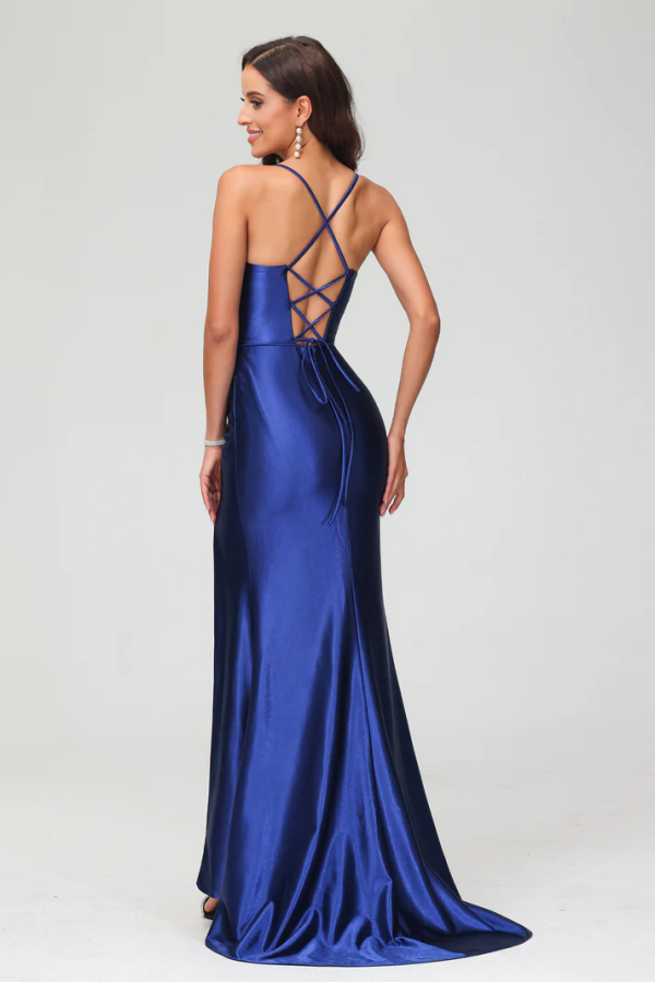 WU1026 - Simple Sheath Strapless Straps Sleeveless Pleated High Side Slit Criss Cross Straps Prom Party Dress Evening Dress Cocktail Gown Wedding Guest Gown