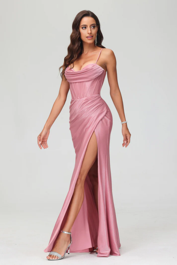 WU1026 - Simple Sheath Strapless Straps Sleeveless Pleated High Side Slit Criss Cross Straps Prom Party Dress Evening Dress Cocktail Gown Wedding Guest Gown