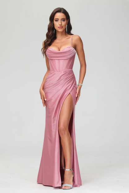 WU1026 - Simple Sheath Strapless Straps Sleeveless Pleated High Side Slit Criss Cross Straps Prom Party Dress Evening Dress Cocktail Gown Wedding Guest Gown