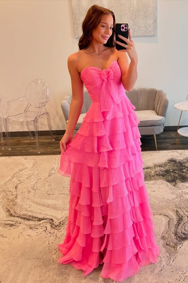 A-Line Strapless Chiffon Tiered Prom Dress WU1042