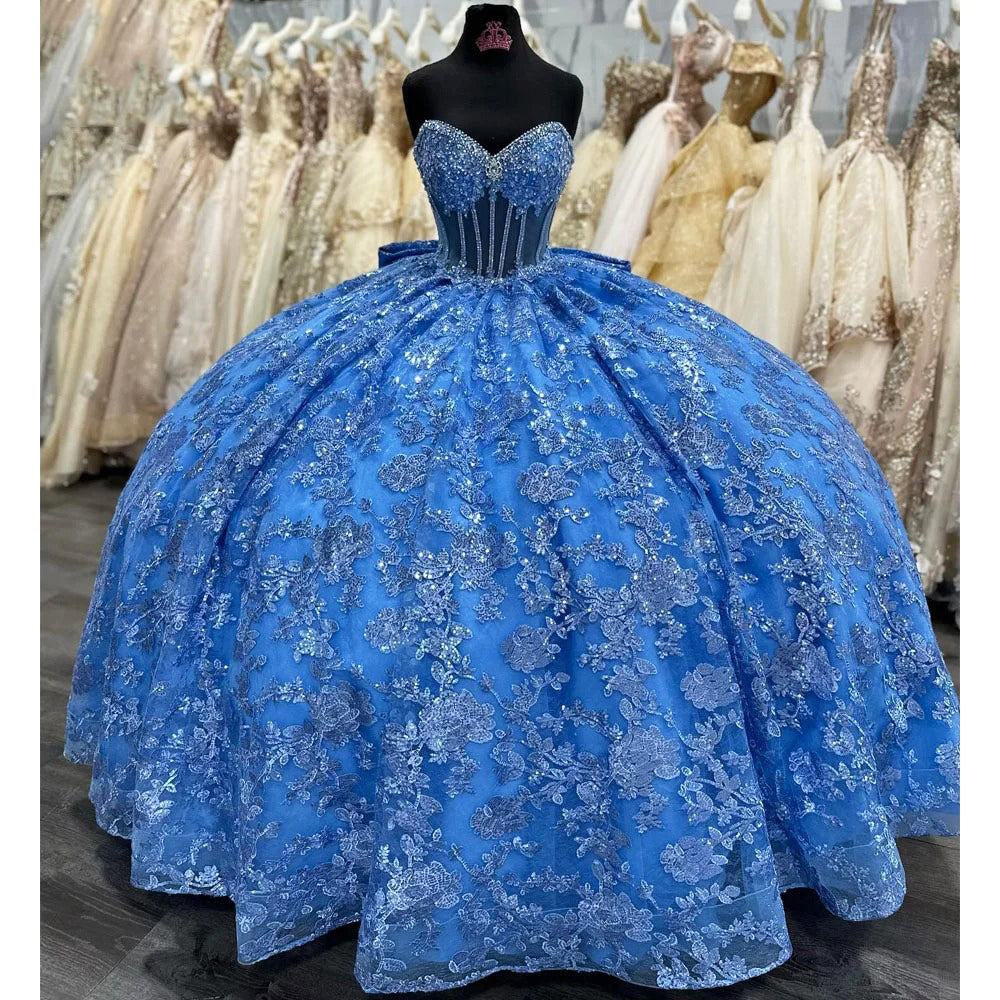 Blaues Glitzer Quinceanera-Kleid mit Applikationen, Spitze, Perlen, Korsett, Herzausschnitt, abgestufter Tüll, Geburtstags-Prinzessin, Sweet 16 Partykleid, Ballkleid mit Fliege