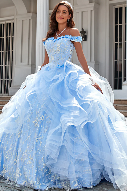 WQ1001 - Gorgeous Ball Gown Off Shoulder Ruffles Tiered Appliques Beaded Tulle Quinceanera Dress for Sweet 16