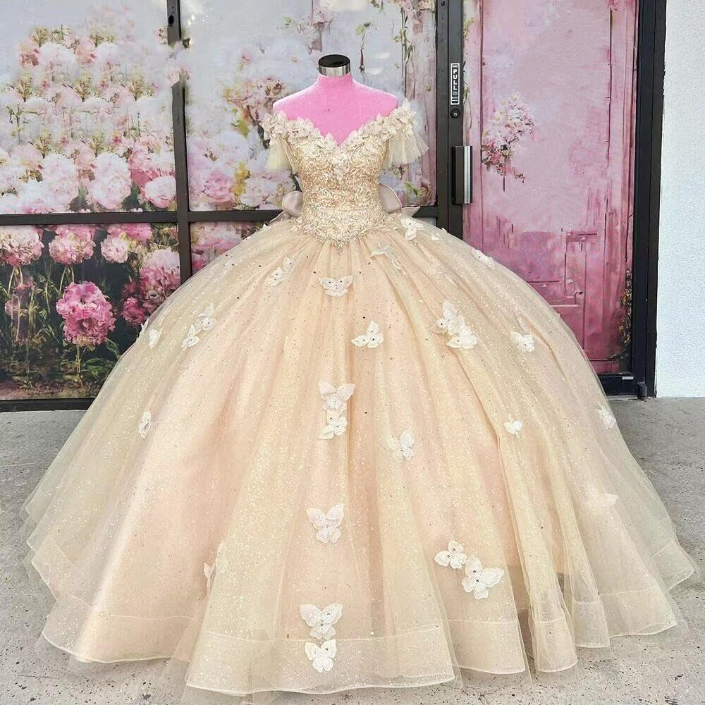 Champagne Puffy Butterfly Quinceanera Dresses Lace Appliques Off Shoulder Long Ball Gown Sparkly Beading Tulle Sweet 16 Dresses