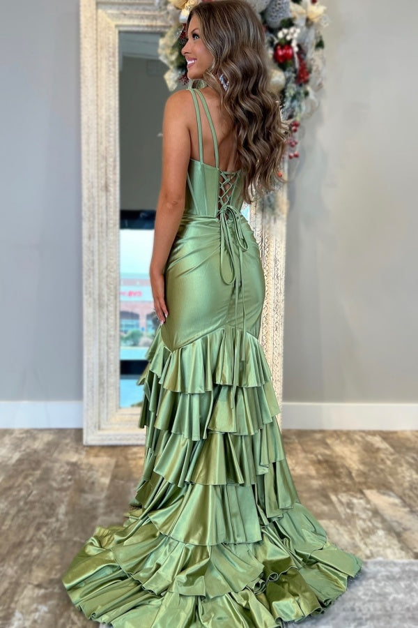 WU1160 - Sexy & Hot Sheath V Neck Spaghetti Straps Pleated Tiered Prom Party Gown High Side Slit and Train Floor Length Criss Cross Straps Evening Formal Gown