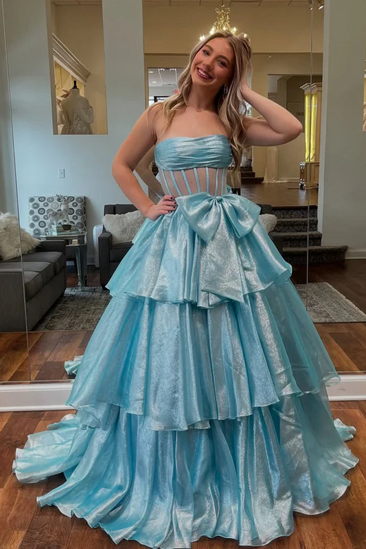 WU1022 - Cute A-Line Strapless Sleeveles Pleated Illsion Bow Knot Tiered Floor Length Light Sky Blue Formal Evening Dress Prom Party Gown