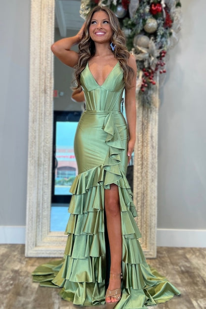 WU1160 - Sexy & Hot Sheath V Neck Spaghetti Straps Pleated Tiered Prom Party Gown High Side Slit and Train Floor Length Criss Cross Straps Evening Formal Gown