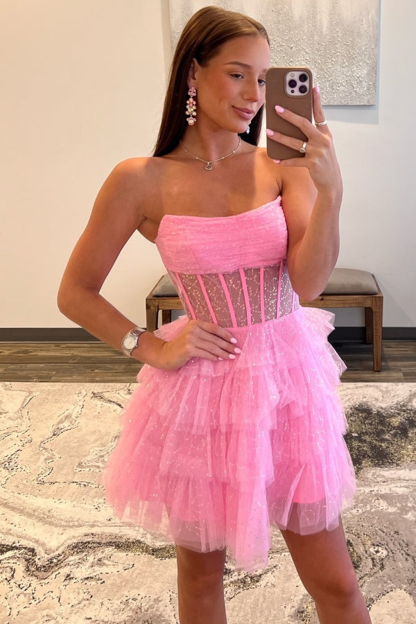 A-Line Boat Neck Sequins Sparkly Tulle Tiered Homecoming Dress WH1061