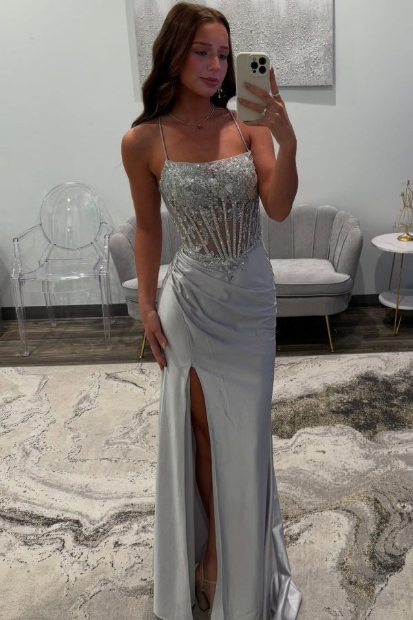 Sheath Strapless Spaghetti Straps Appliques Sequins Prom Dress WU1214