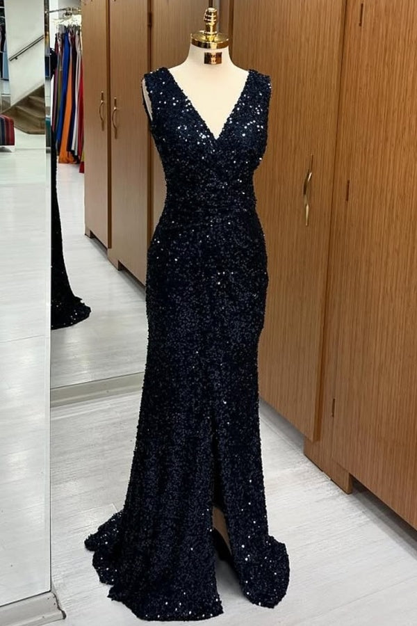 V Neck Straps High Side Slit and Train Sequins Prom Party Dress WU1502