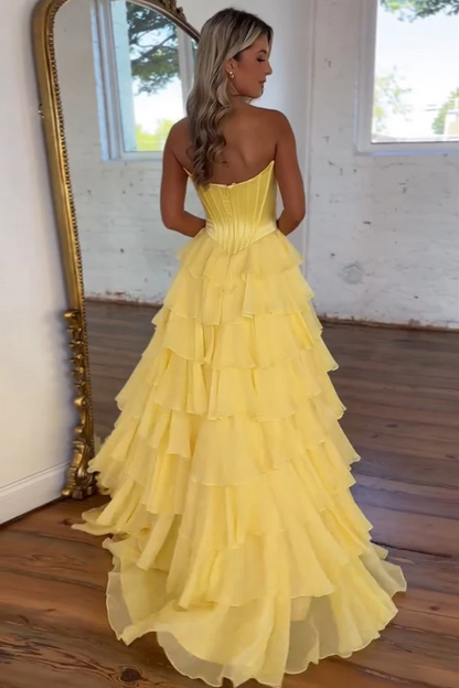 WU1025 - Elegant A-Line Strapless Sleeveless Pleated Appliques Chiffon Tiered Floor Length Prom Party Dress Evening Gown with High Side Slit and Train