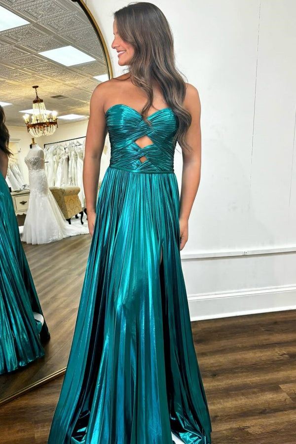 WU1115 - Wunderschönes und lässiges A-Linien-Abendkleid, trägerlos, ärmellos, plissiert, bodenlang, hoher Seitenschlitz