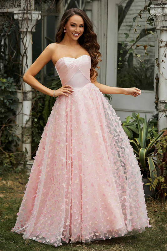 WU1049 - Chic & Modern A-Line Strapless Sleveless 3D Butterflies Floor Length Prom Dress Party Dress Wedding Guest Gown