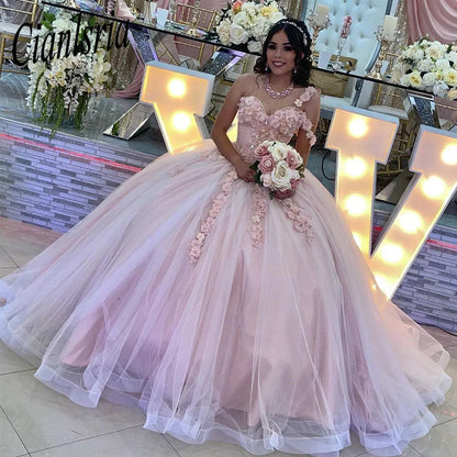 Robe de Quinceanera à une épaule, robe de bal de princesse rose, appliques en dentelle florale 3D, perles scintillantes, décolleté en cœur, tulle bouffant, robes Sweet 16