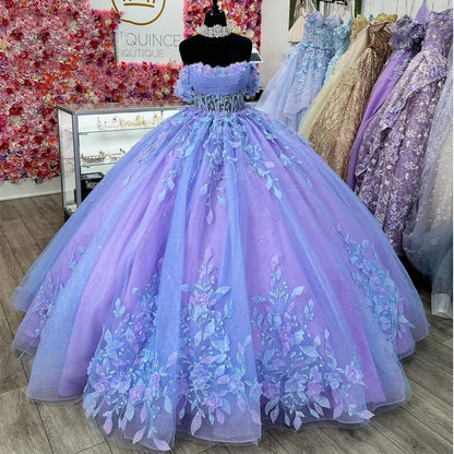 Sexy Strapless Quinceanera Dress Off The Shoulder 3D Floral Appliques Lace Beads Corset Ball Gown Glitter Tulle Princess Party Gown