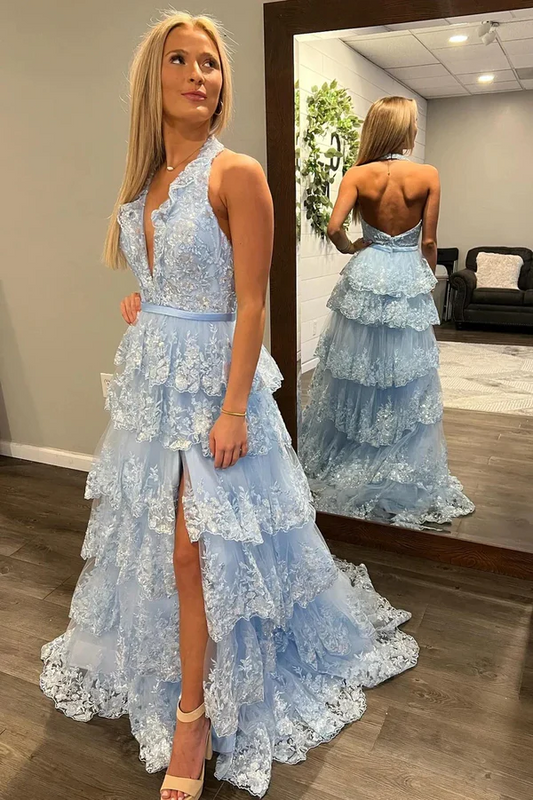 WU1003 - A-Line Low V Necck Halter Sleeveless Open Back Sky Blue Sequins Lace Appliques Tiered Floor Length Prom Dress with High Side Slit and Train