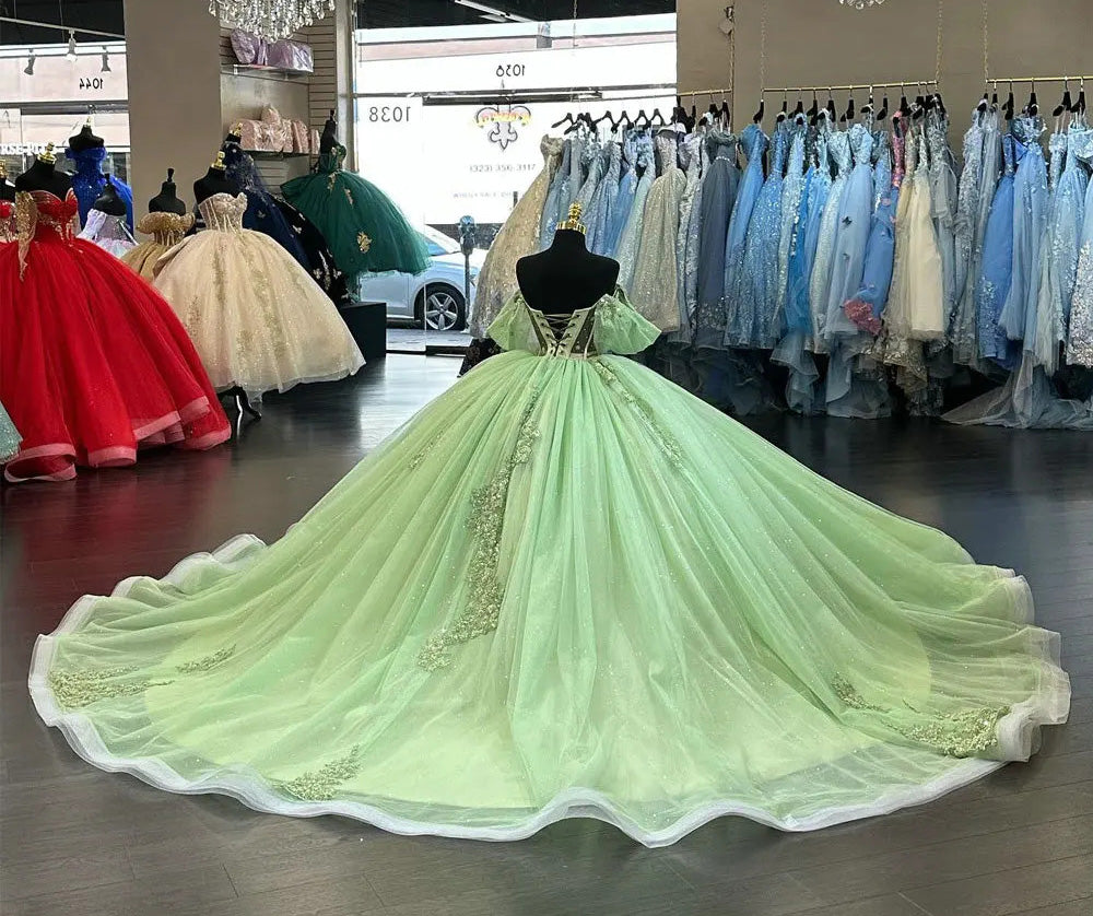 Robe de Quinceanera vert sauge à paillettes en dentelle à épaules dénudées, robe de bal longue en tulle, robe de soirée Sweet 15 16