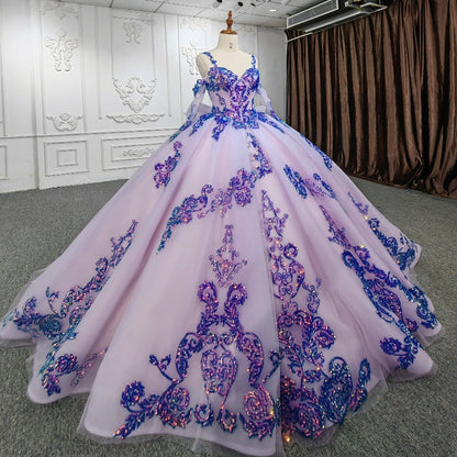 Purple Quinceanera Dresses Sequined Ball Gown Beaded Spaghetti Straps Sweetheart Bow Tiered Ruffles Sweet 16 Evening Party Dress