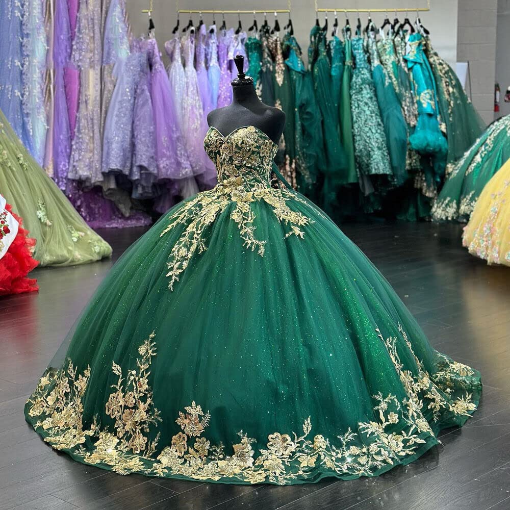 Robes de Quinceanera scintillantes vert émeraude pour femmes, robes de bal, fleurs 3D, appliques, sans bretelles, décolleté en cœur, tulle, bouffantes, robes Sweet 15 16