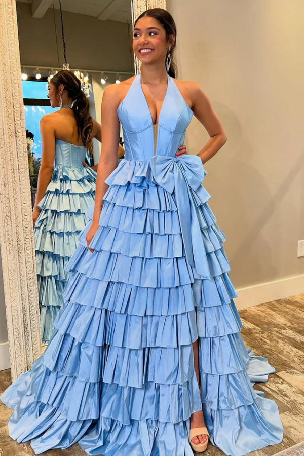 WU1119 - Süßes und schickes A-Linien-Kleid mit tiefem V-Ausschnitt, Neckholder, ärmellos, Ball- und Partykleid, gestuftem Seitenschlitz, Abendkleid mit Schleife und Knoten, Cocktailkleid