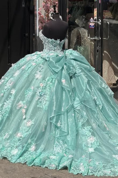 WQ1289 - Luxury Ball Gown Sweetheart Neck Sleeveless 3D Colorful Flower Appliques Lace Up Bown Knot Mint Green Tulle Quinceanera Dress Birthday Party Gown for Sweet 16