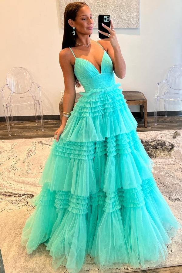 A-Line V Neck Spaghetti Straps Tiered Open Back Prom Party Dress WU1307