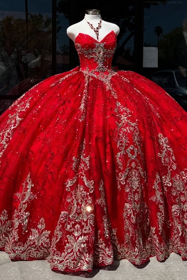 Langes Quinceanera-Kleid mit Herzausschnitt für Damen, trägerloses Korsett mit Blumenapplikationen, Perlenbesetztes Tüll-Ballkleid 