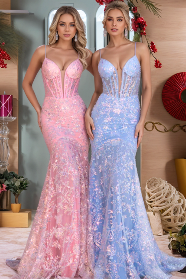 WU1139 - Cute & Casual Mermaid Spaghetti Straps Sequins Appliques Prom Party Gown Floor Length Back Zipper Evening Gown Cocktail Dress