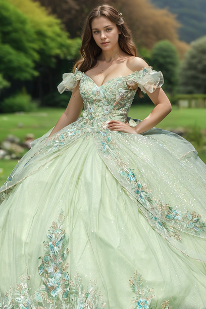 WQ1294 - Chic & Modern Ball Gown Off Shoulder Flower Appliques Lace Up Bow Knot Mint Green Tulle Quinceanera Dress Birthday Party Dress for Sweet 16