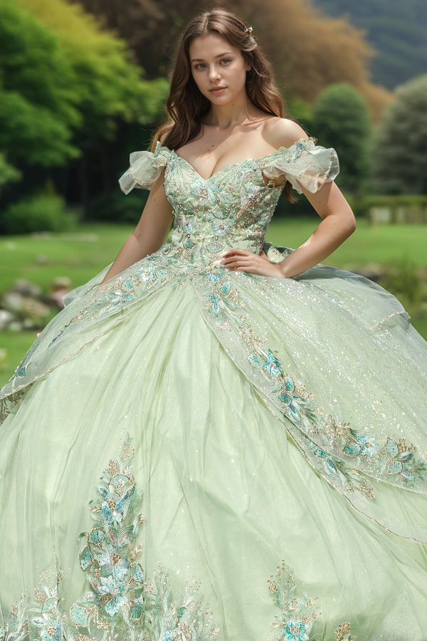 Langes Quinceanera-Kleid mit Herzausschnitt für Damen, trägerloses Korsett mit Blumenapplikationen, Perlenbesetztes Tüll-Ballkleid 