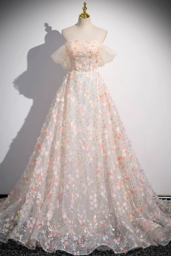 A-Line Off Shoulder Flower Appliques Tulle Prom Dress WU1476