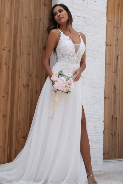 WW1008 - Simple A-Line Low V Neck Spaghetti Straps Seeveless Appliques Bride Gown Side Slit and Train Chiffon Beach Wedding Dress