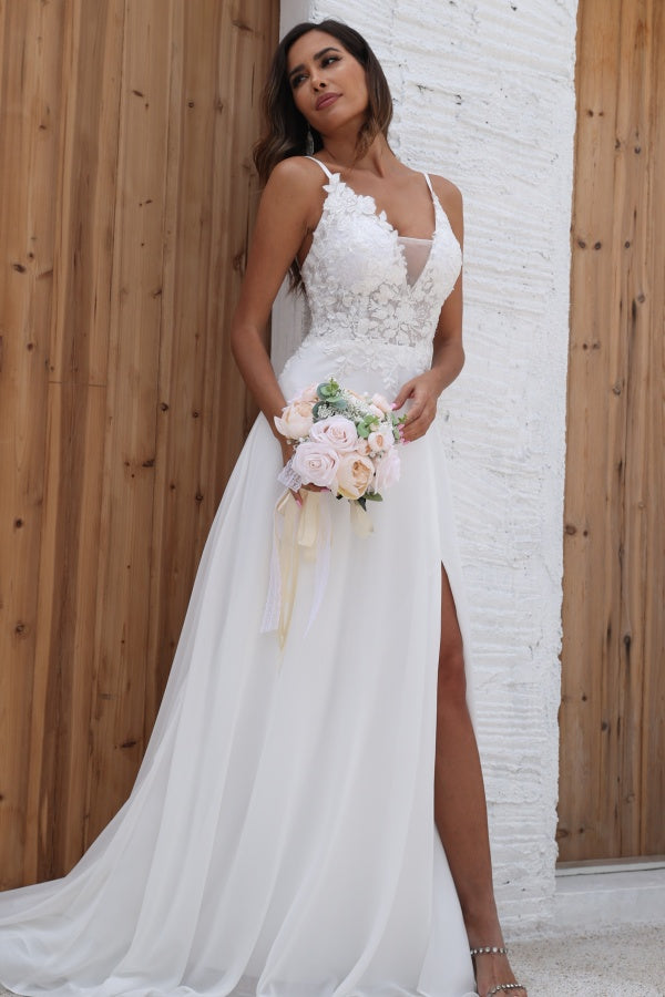 A-Line V Neck Spaghetti Straps Appliques Side Slit Chiffon Beach Wedding Dress WW1008