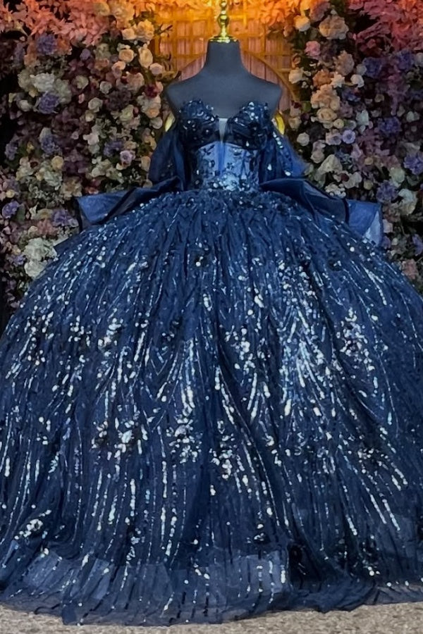 Langes Quinceanera-Kleid mit Herzausschnitt für Damen, trägerloses Korsett mit Blumenapplikationen, Perlenbesetztes Tüll-Ballkleid 