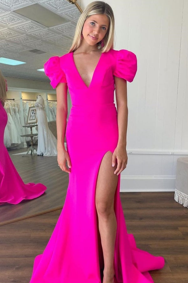 WU1255 - Vestido de fiesta negro clásico y moderno con escote en V, mangas cortas, espalda abierta, abertura lateral alta y cola